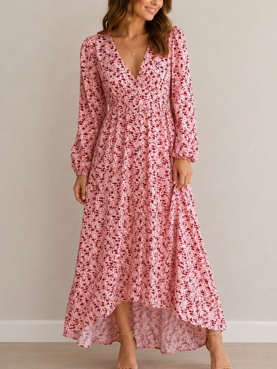 Vintage Dresses & Skirts - Vintage Floral Button Front Maxi Dress Pink Red Long Sleeve Women’s Small